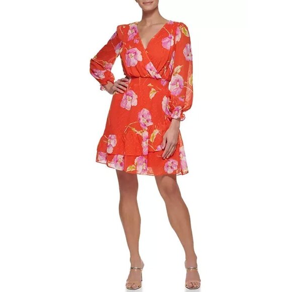 DKNY Orange 3/4 Sleeve Floral Fit & Flare A-Line Dress Ruffle Surplus V Neck NWT - Picture 1 of 13